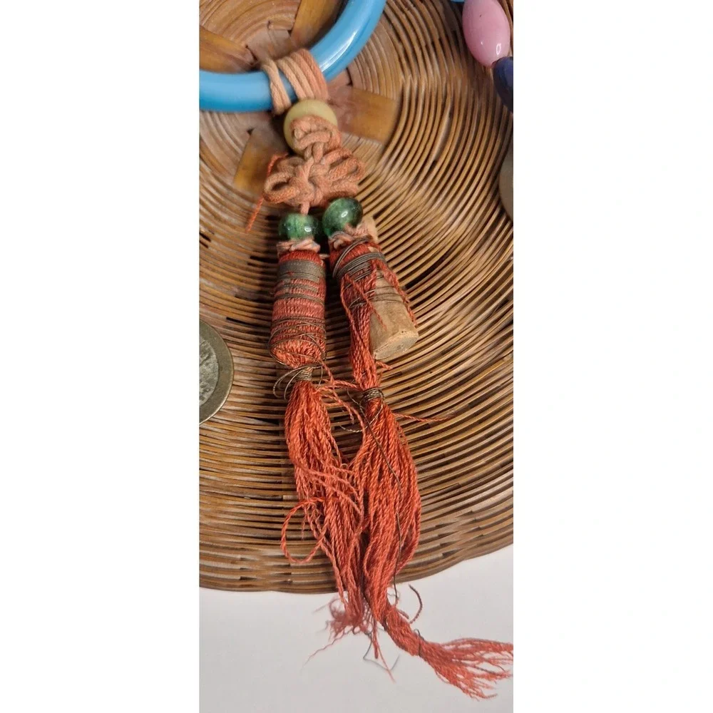 Vtg Chinese Sewing Basket Coins Glass Beads Tassels